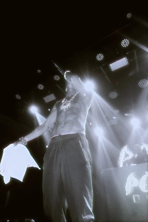 Artista en concierto entre luces de escenario